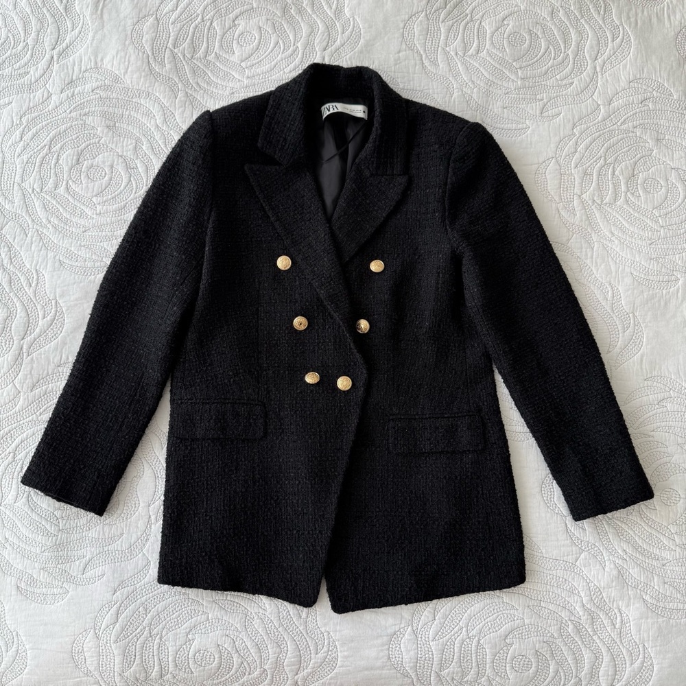 Zara - Double Breasted Textured Weave Blazer - Black - Picture 4 of 13